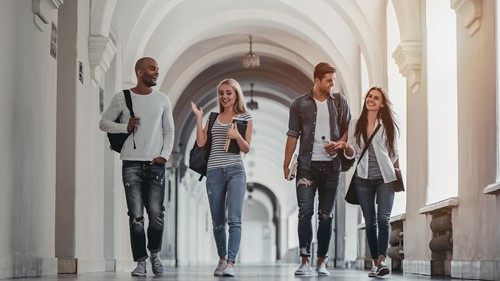 Students walking in university hall during break and communicating