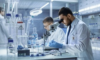 Two men in lab coats collaborate on a project